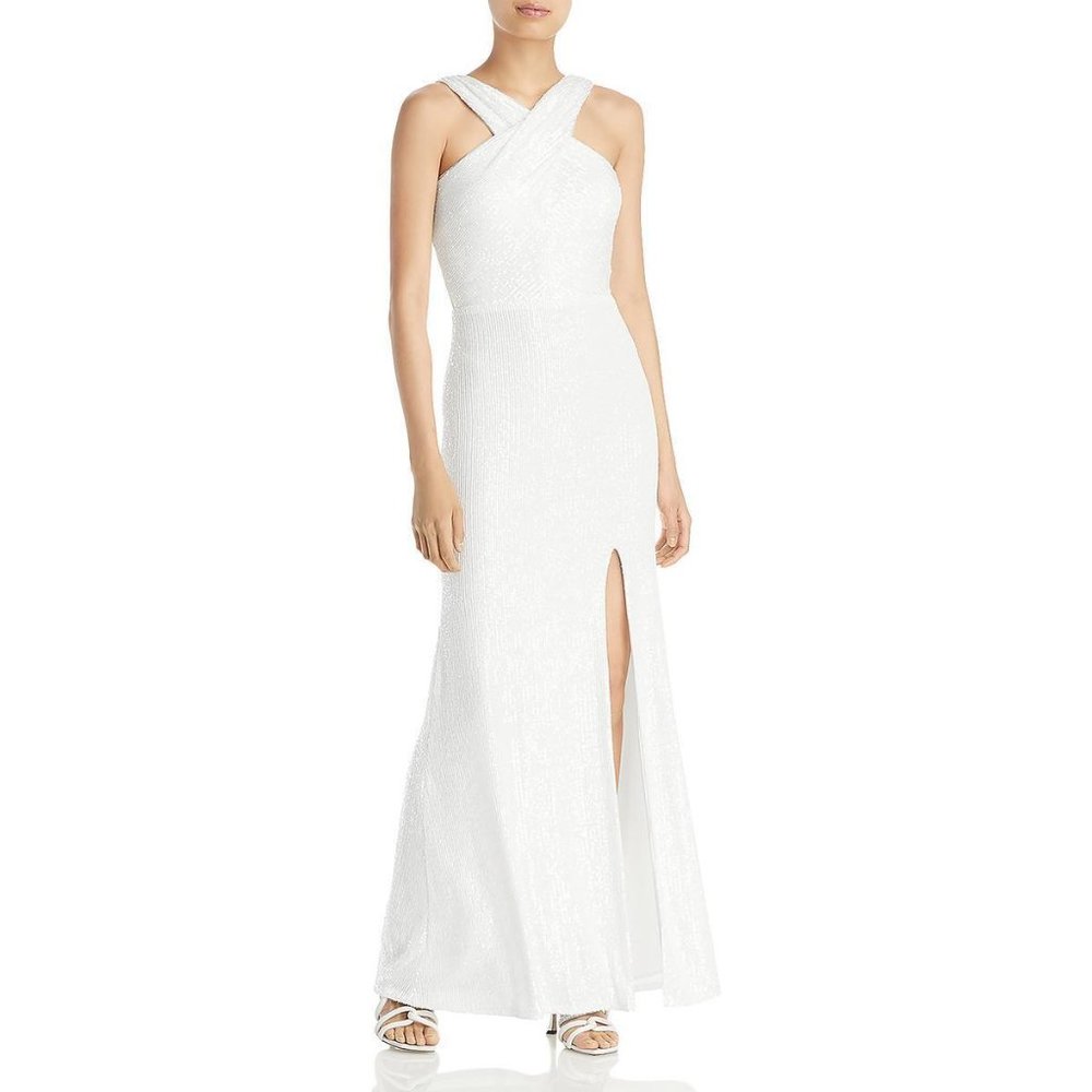 AQUA WOMENS SEQUINED LONG FORMAL EVENING DRESS GOWN IN IVORY